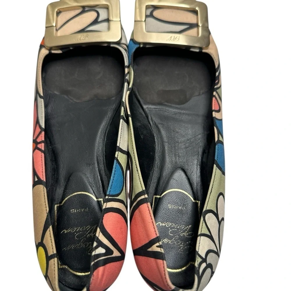 Roger Vivier Floral Multicolor Flats with Gold Buckle, size 7.5